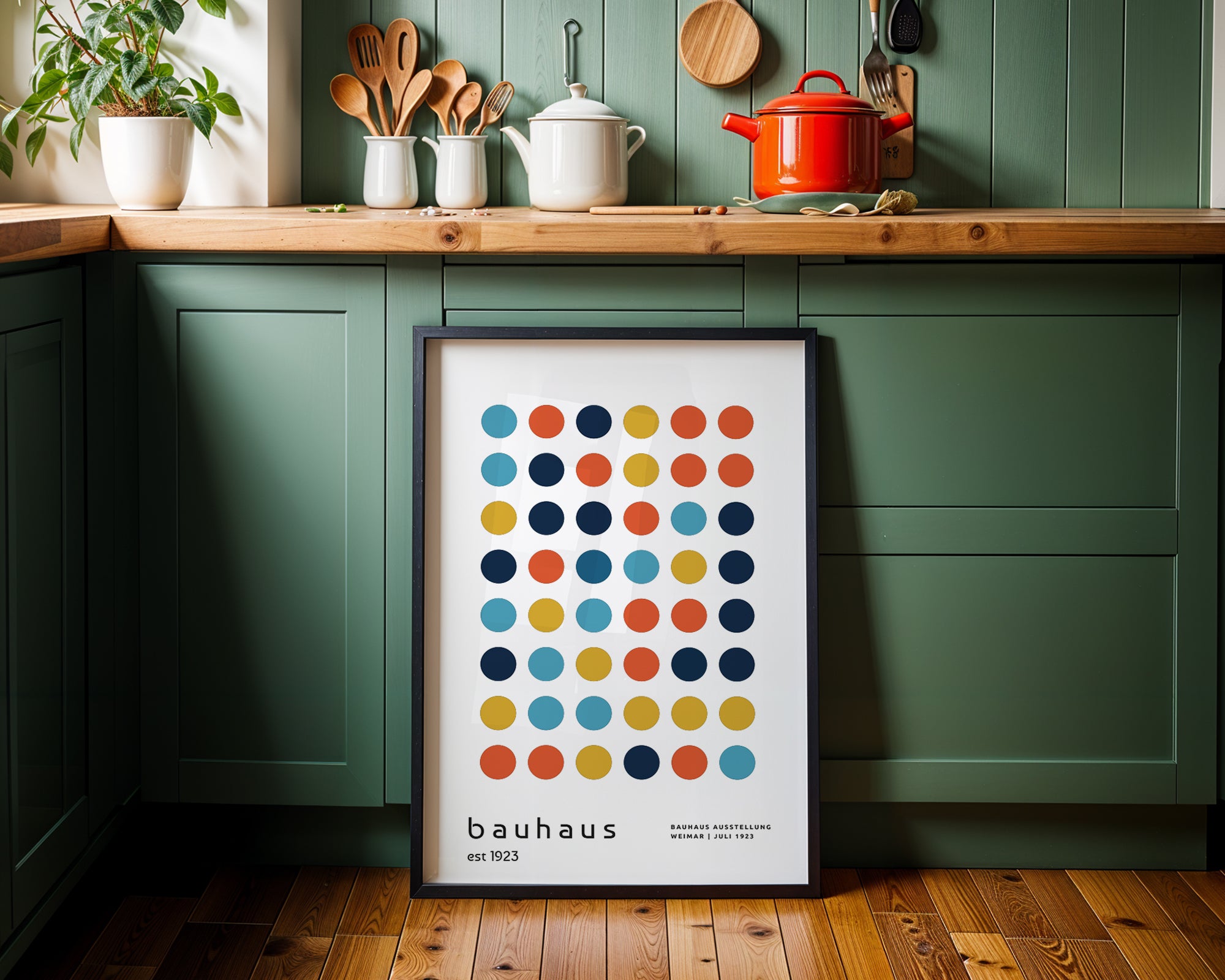 Framed Bauhaus poster on a kitchen wall with green cabinets and wooden countertop.