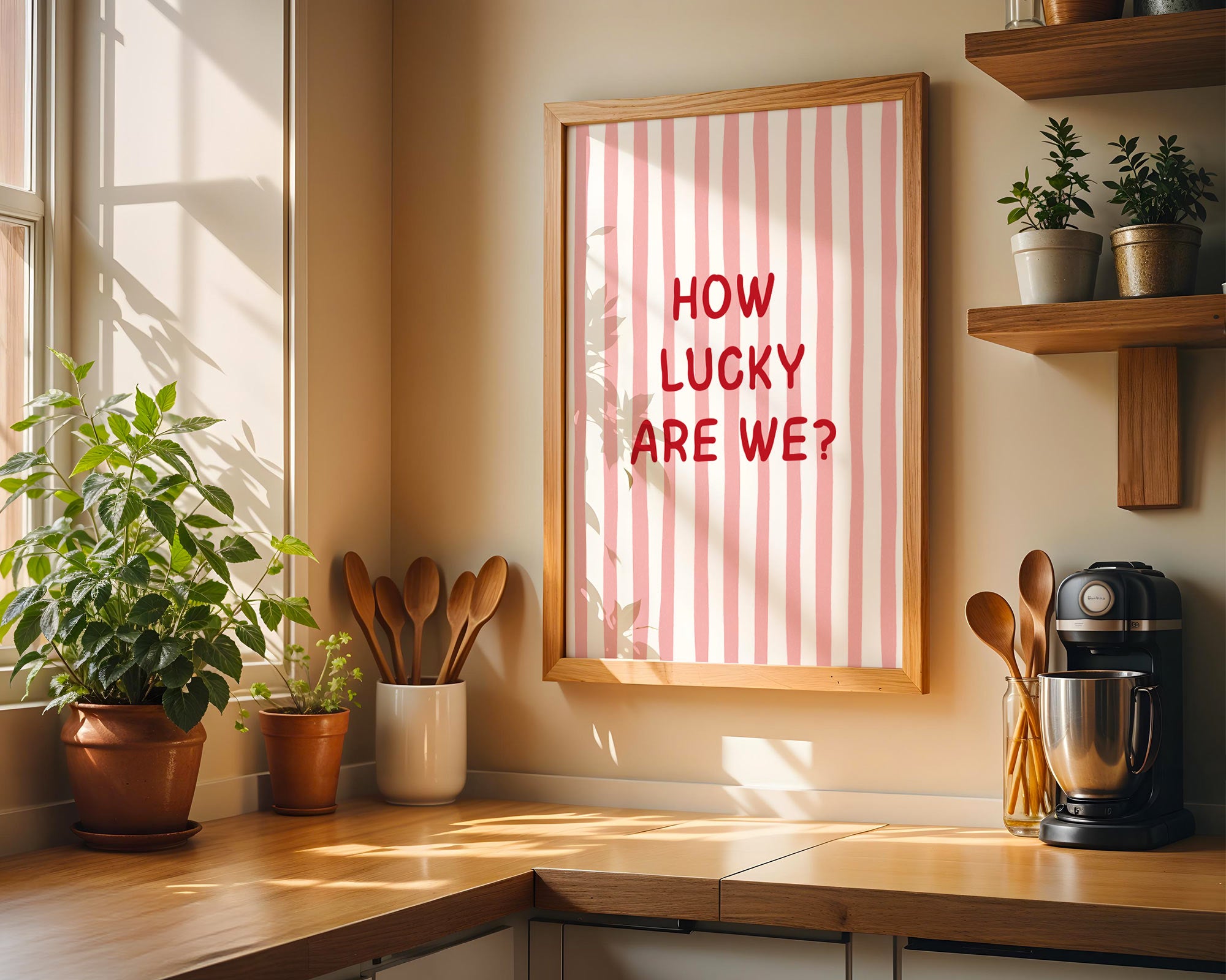 Kitchen corner with a framed picture, plants, and kitchen utensils.
