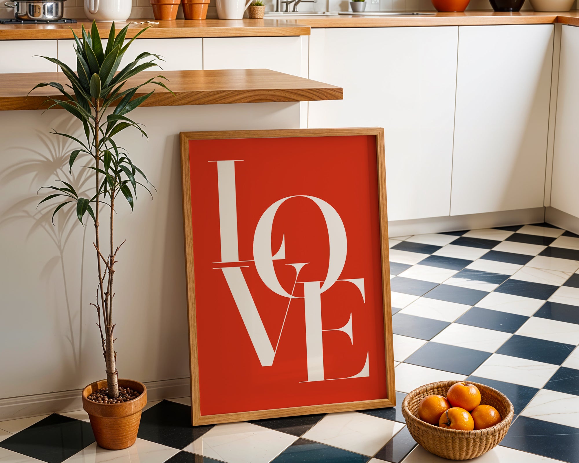 Kitchen with a 'LOVE' poster on a checkered floor