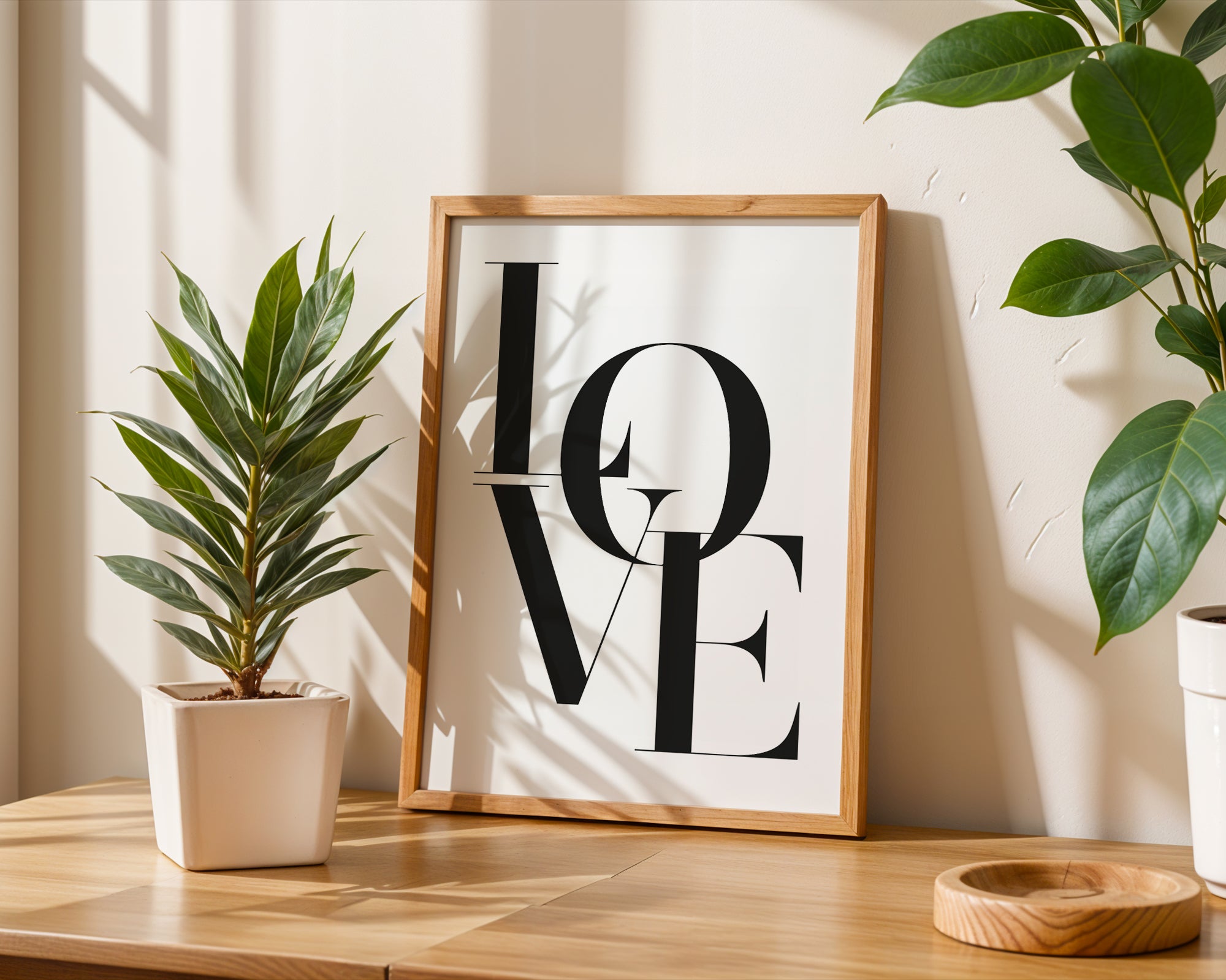 Framed 'LOVE' artwork on a wooden surface with plants