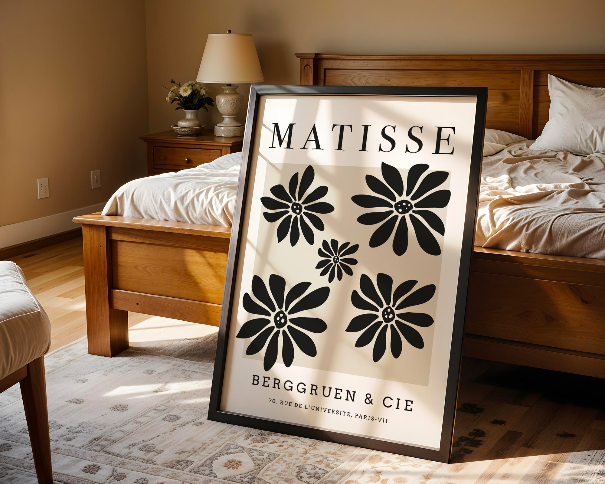 Framed Matisse art print in a bedroom setting