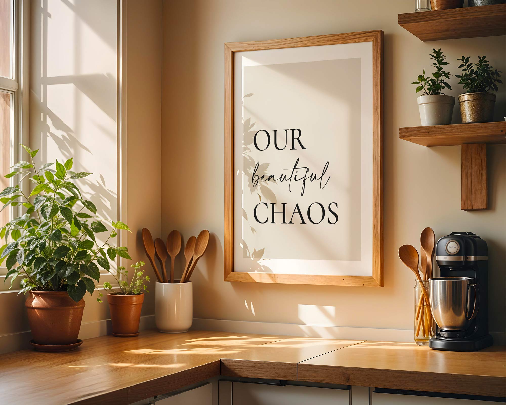 Kitchen corner with a framed print, plants, and kitchen utensils.