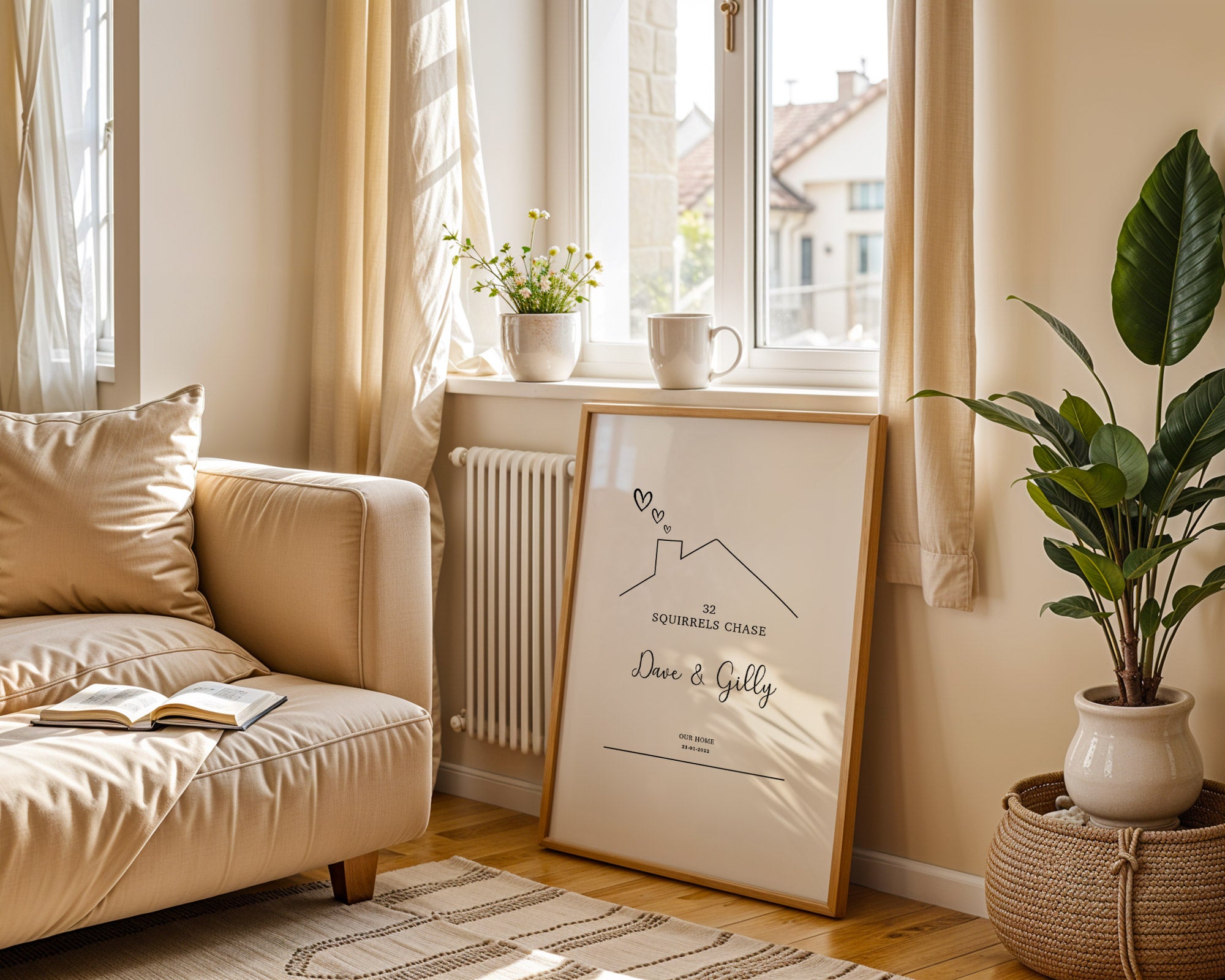Cozy living room with beige sofa, framed artwork, and plants.