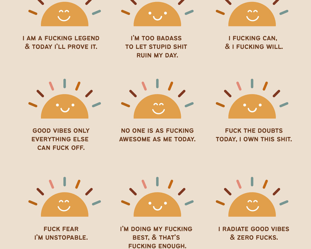 Motivational quotes with sun-like character illustrations on a beige background
