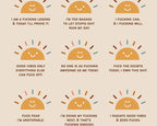 Motivational quotes with sun-like character illustrations on a beige background