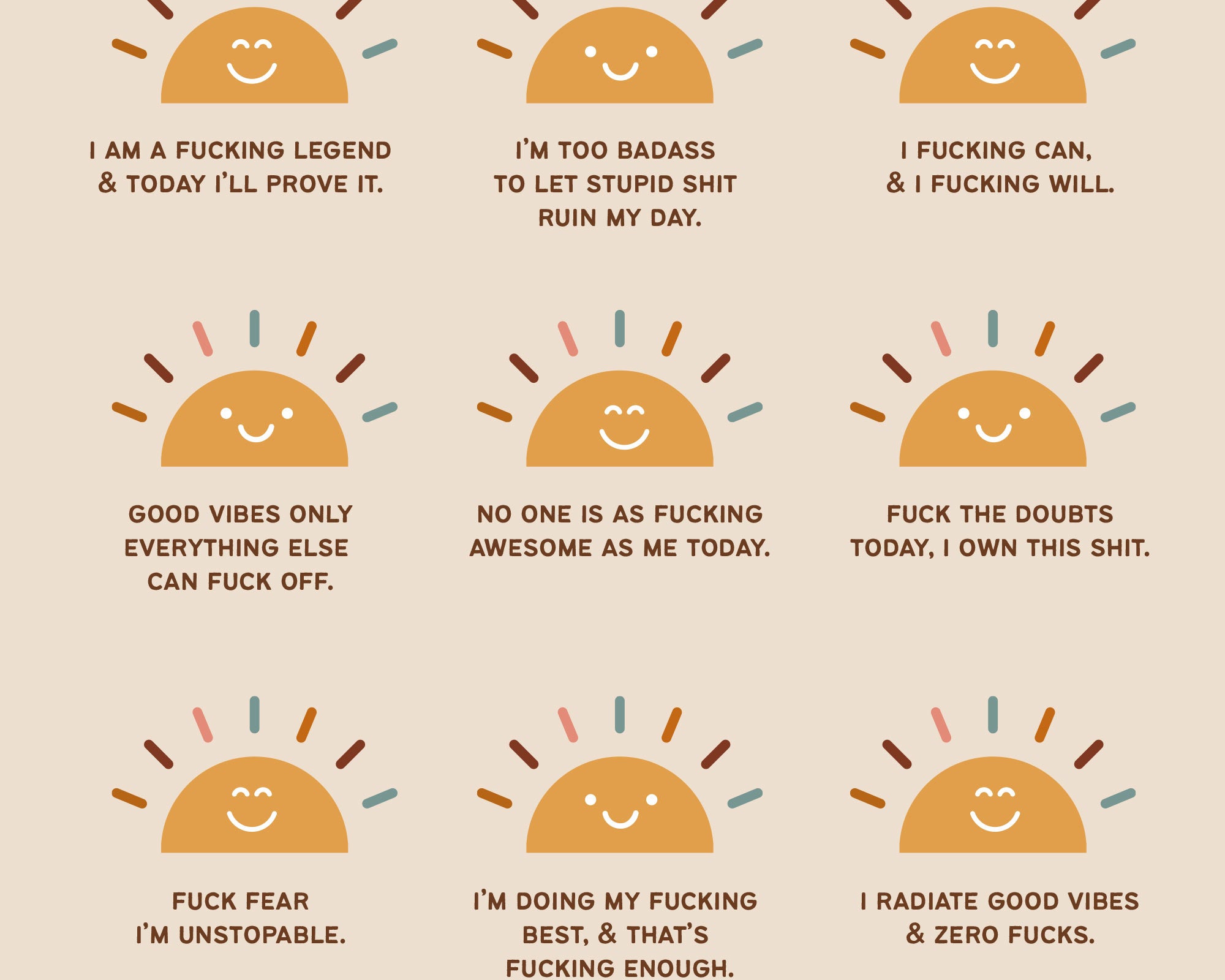 Motivational quotes with sun-like character illustrations on a beige background