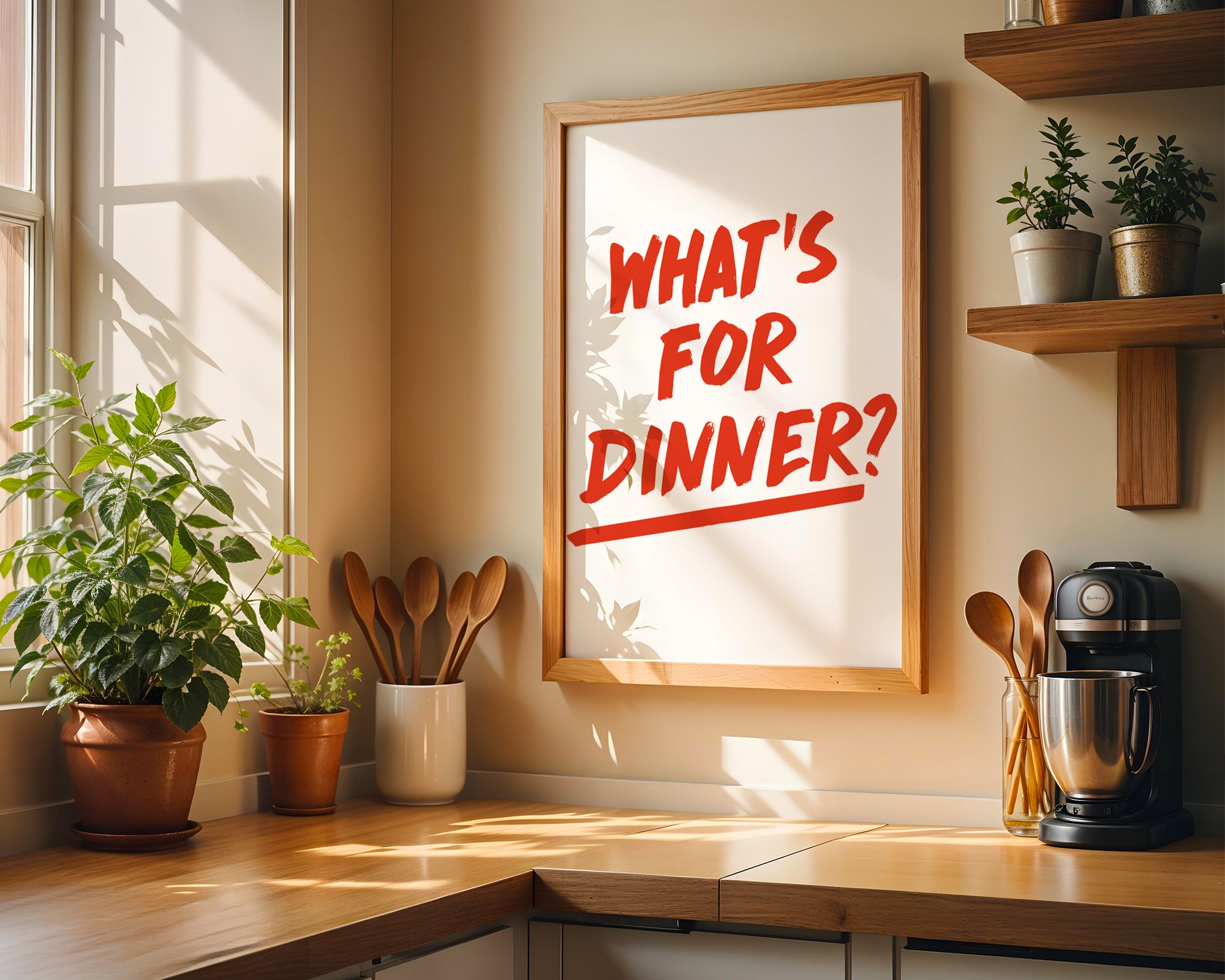 Kitchen counter with 'What's for Dinner?' poster, plants, and kitchen utensils.
