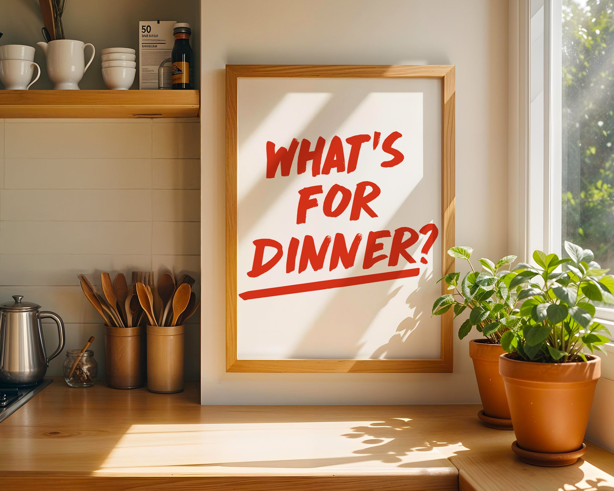 Kitchen counter with a framed sign asking 'What's for dinner?' and potted plants.