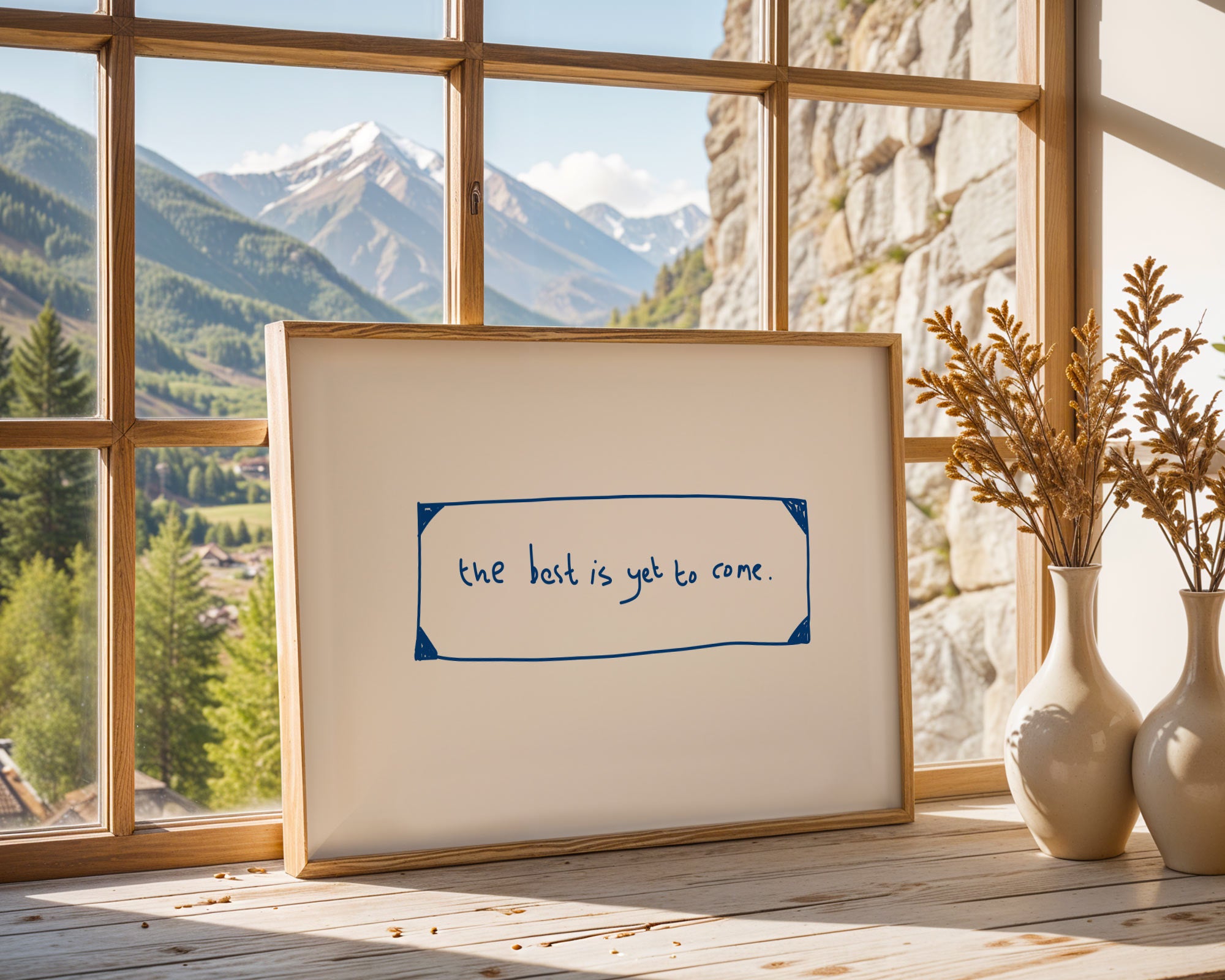 Framed artwork with 'the best is yet to come' quote in a room with large windows showing mountains.