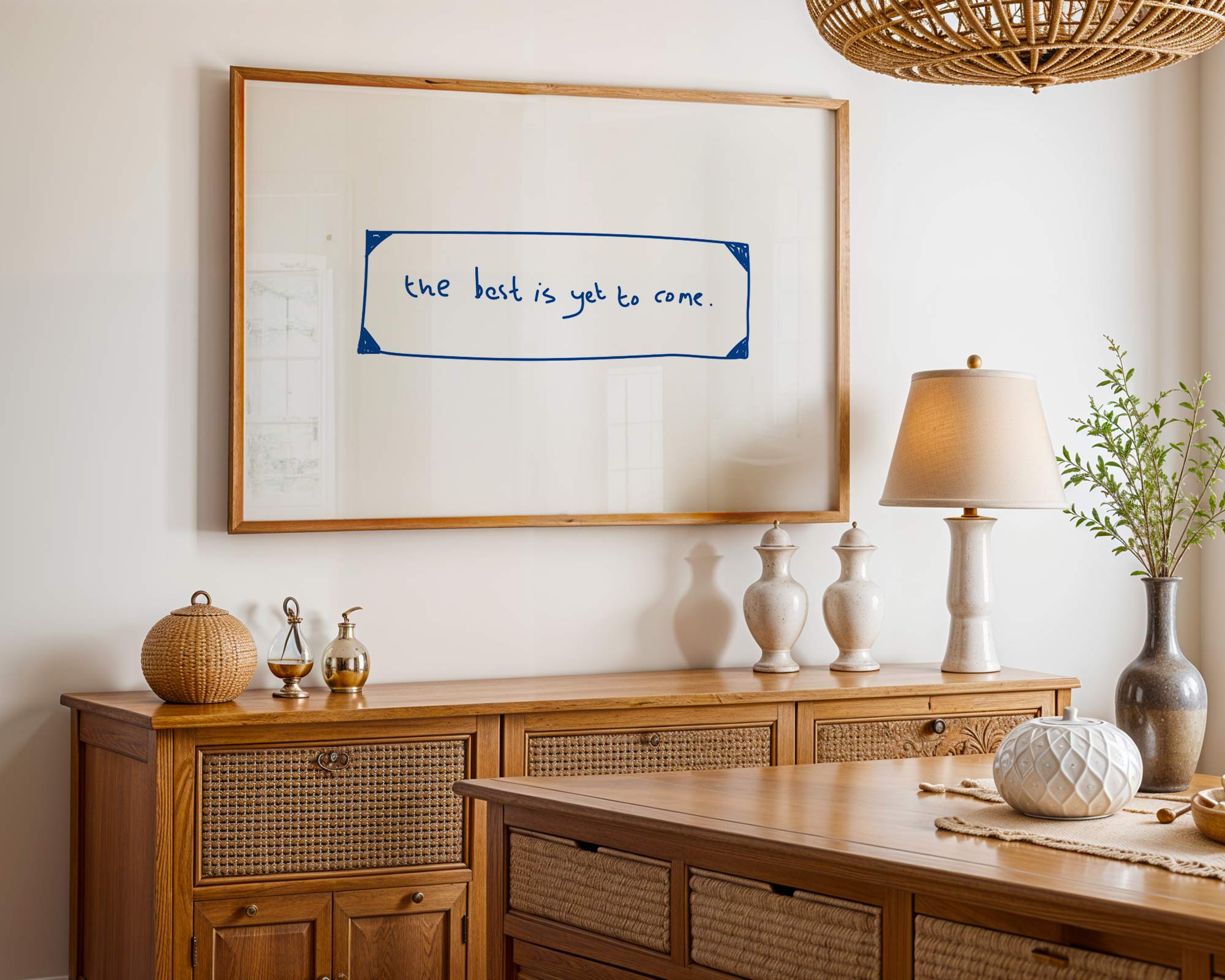 Framed artwork with text on a wall above wooden furniture.