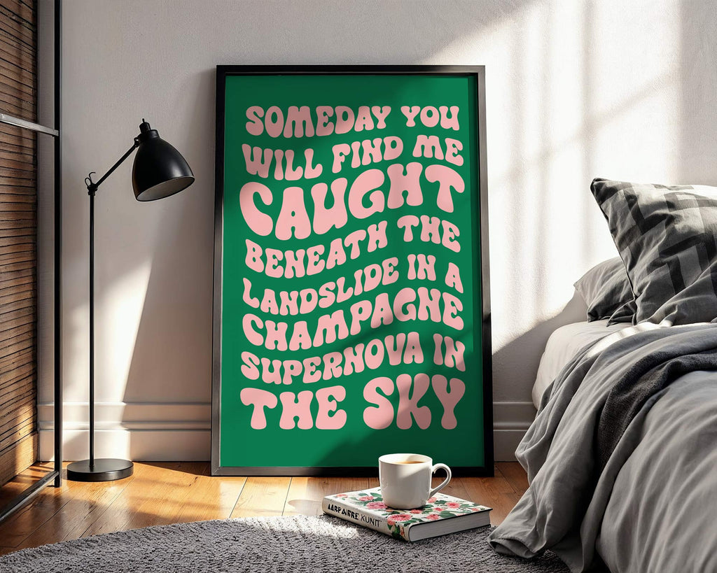 Framed poster with poetic text in a bedroom setting