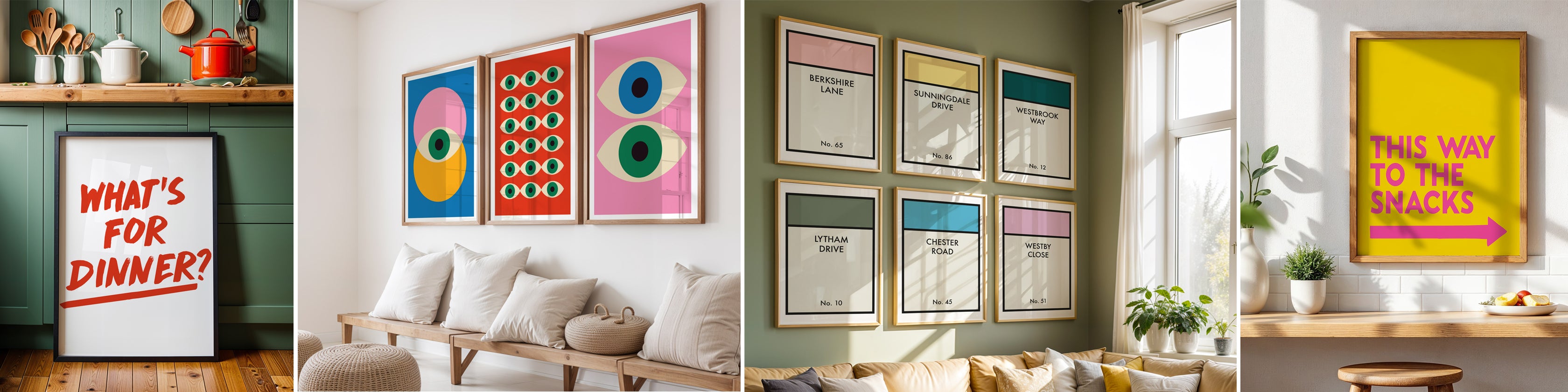 Colorful framed posters on a wall with a living room setting.