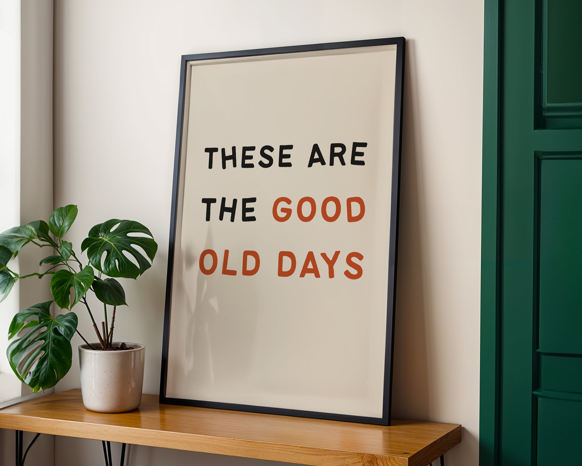 Framed poster with 'These are the good old days' text on a wall with a plant and wooden shelf.