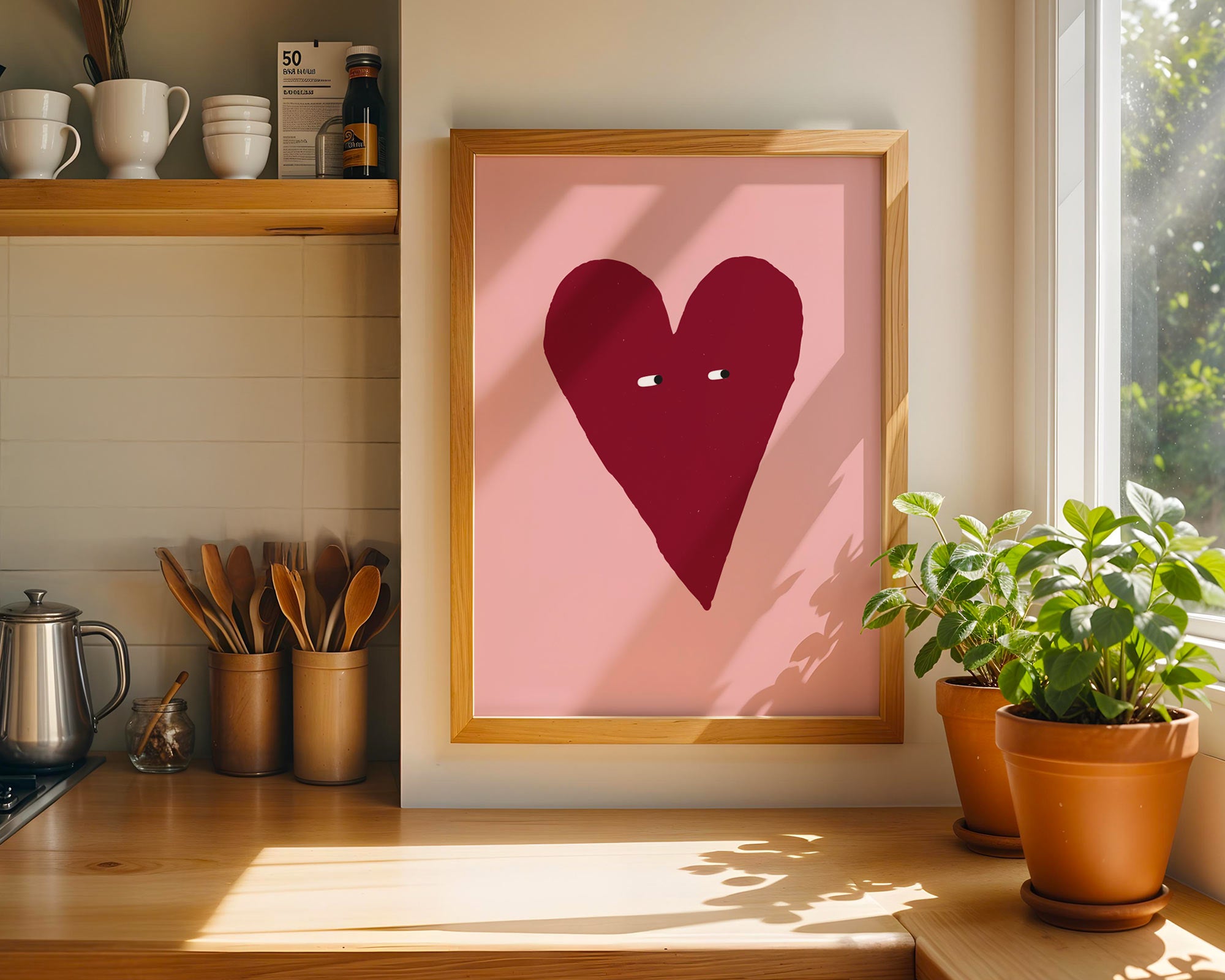 Heart-shaped artwork on a pink background in a wooden frame, placed in a kitchen.