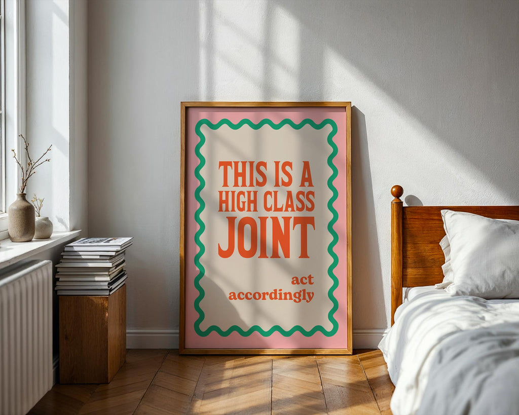 Framed poster with humorous text in a bedroom setting