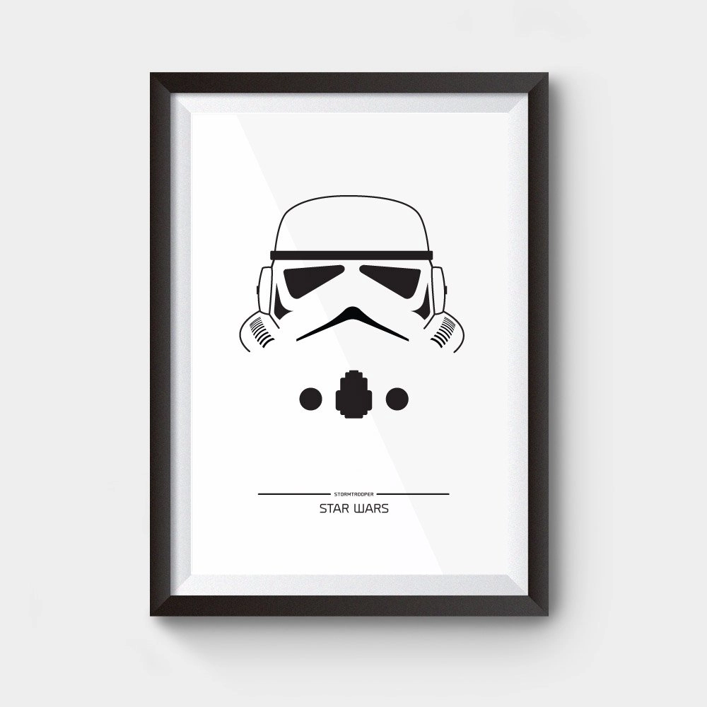 Framed poster of a stormtrooper helmet with 'Star Wars' branding on a white background