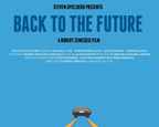 Promotional poster for 'Back to the Future' with a blue background and text.