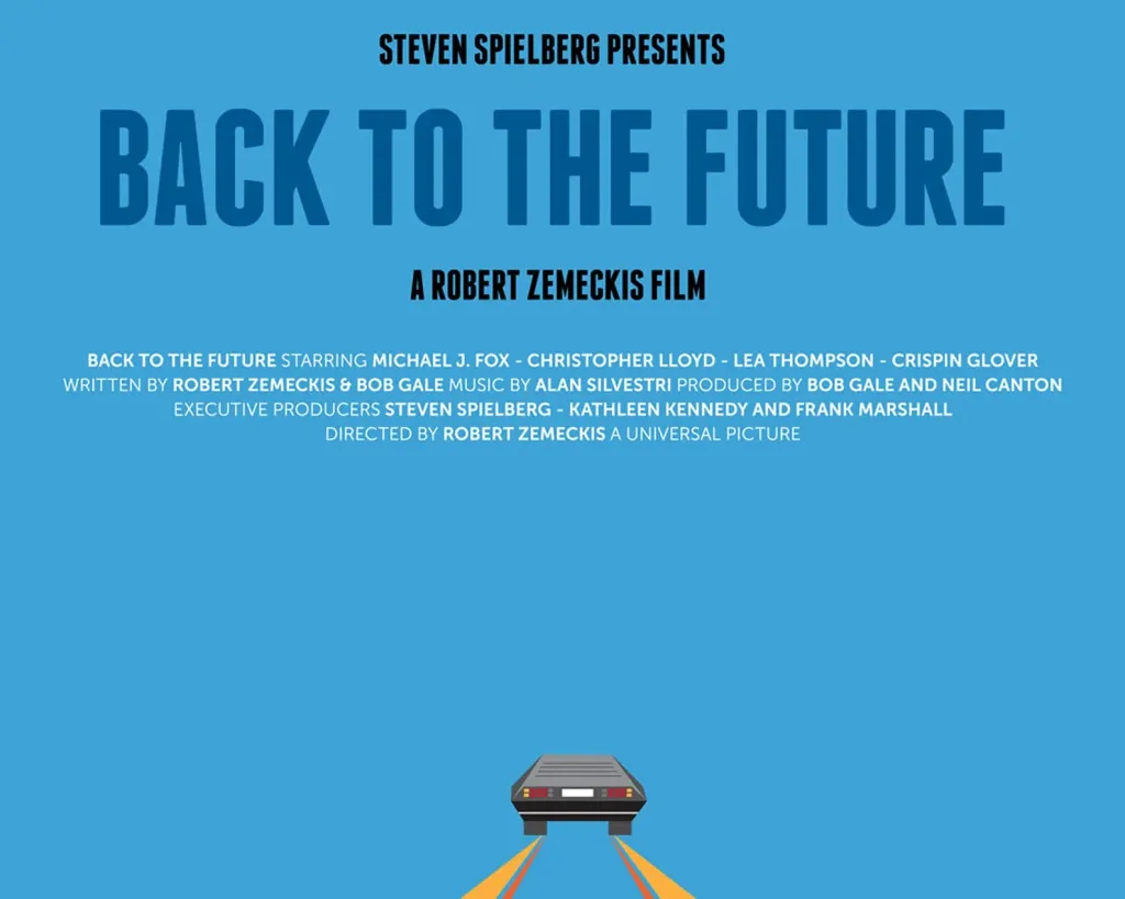 Promotional poster for 'Back to the Future' with a blue background and text.