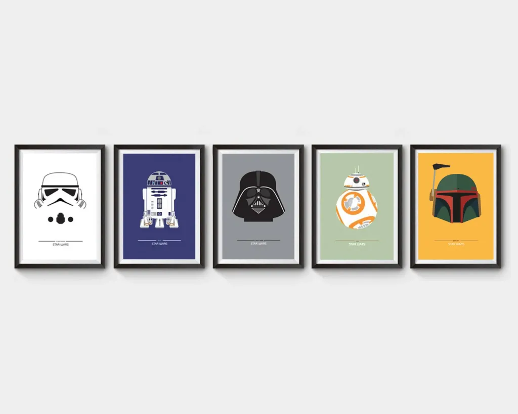Five framed illustrations of Star Wars characters on a white wall.