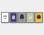 Five framed illustrations of Star Wars characters on a white wall.