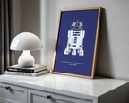 Framed poster of R2-D2 from Star Wars on a shelf with a lamp and books.