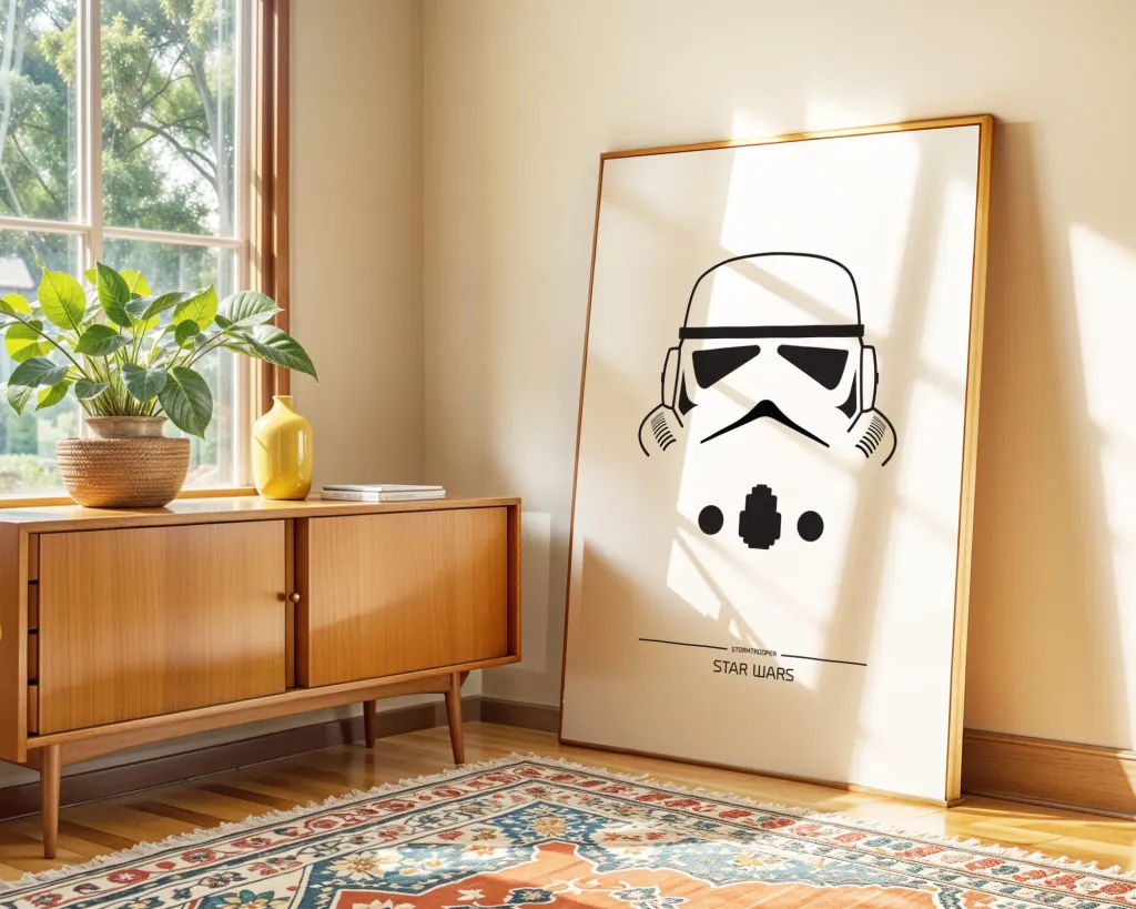 Framed poster of a stormtrooper helmet on a wall in a room with a wooden cabinet and plant.