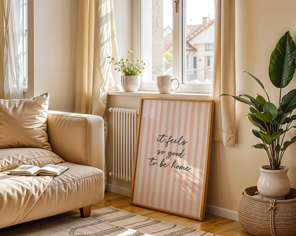 Cozy living room with a beige sofa, plant, and framed quote on a wall.