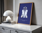 Framed poster of R2-D2 from Star Wars on a shelf with a lamp and books.