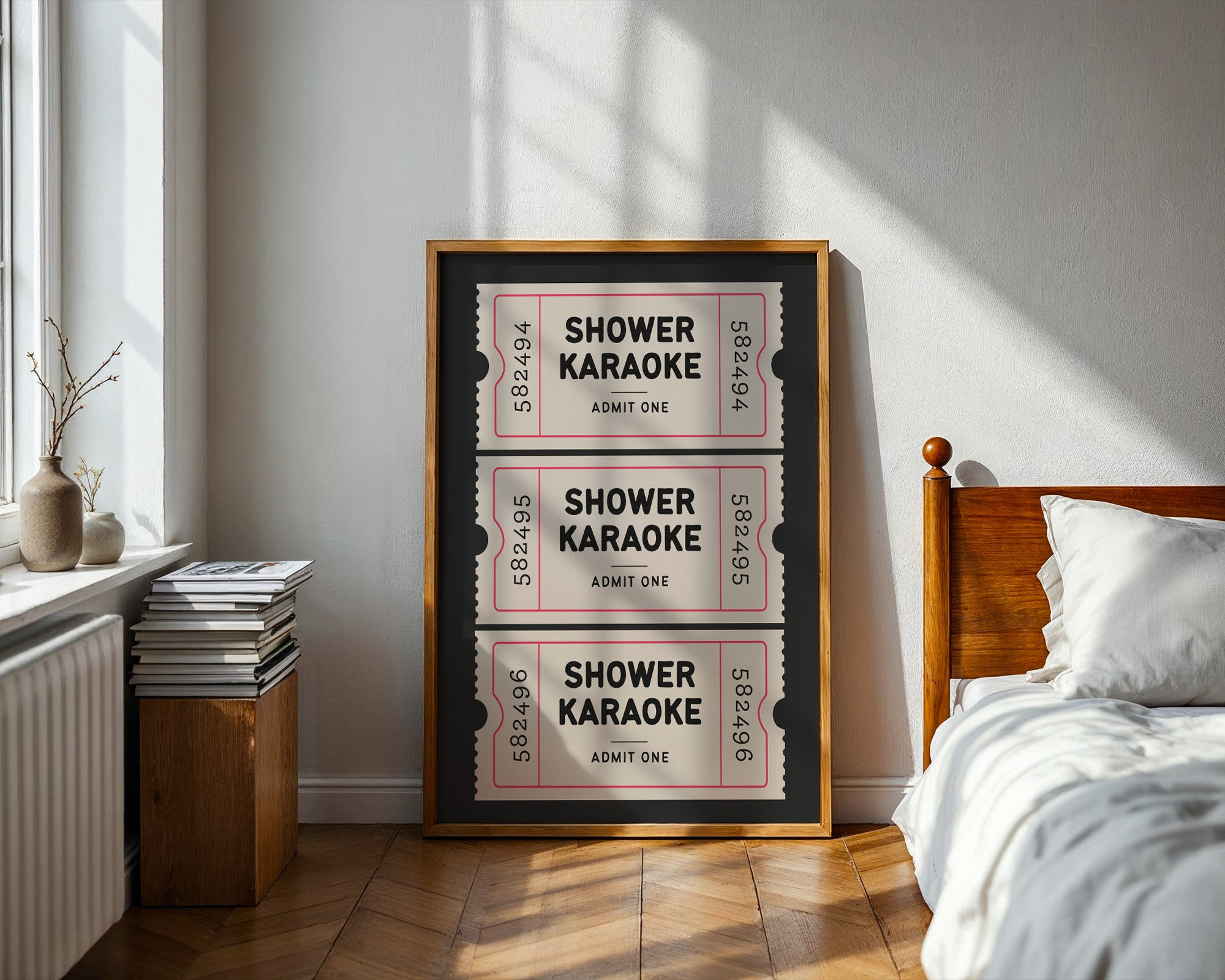 Framed shower karaoke poster on a wall in a bedroom