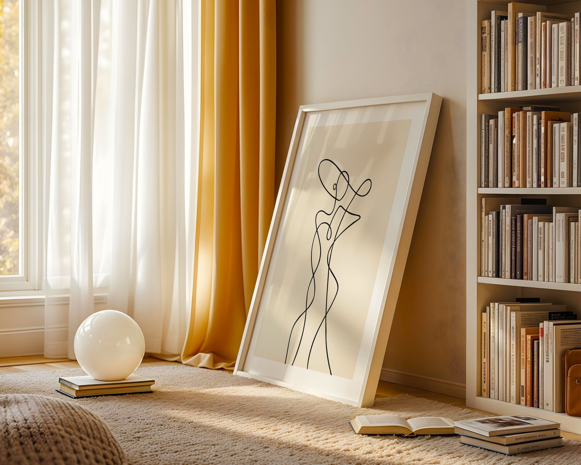 Framed artwork leaning against a wall in a room with books and decor